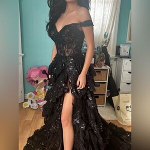 Sherri Hill Black Sequin Off-Shoulder Dress